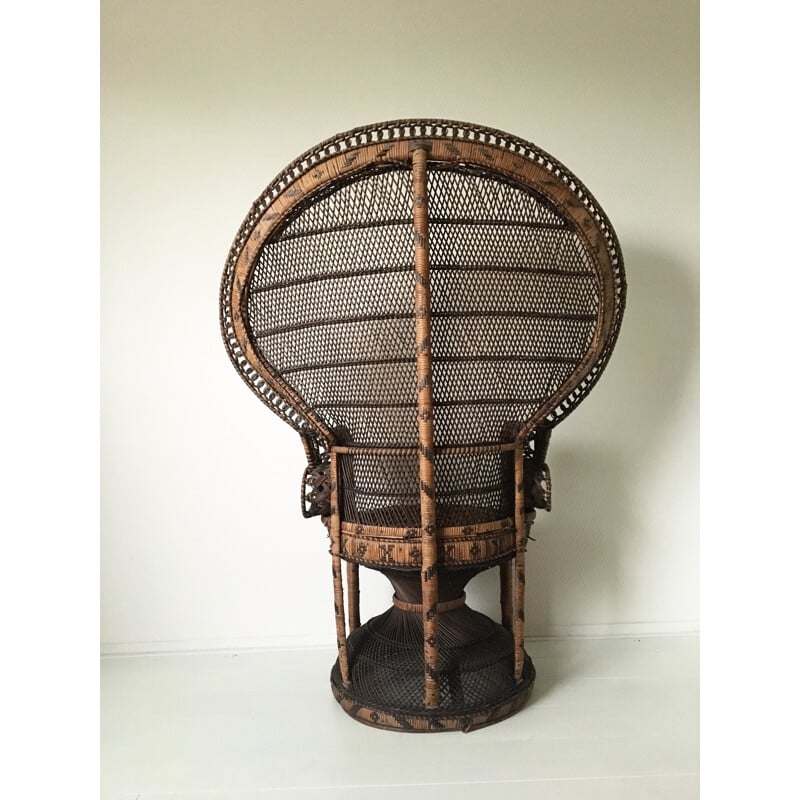 Emmanuelle or Peacock vintage brown wicker armchair - 1970s