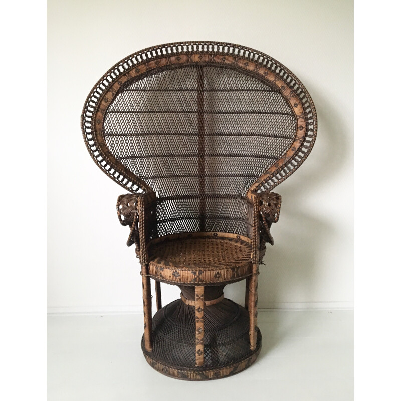 Emmanuelle or Peacock vintage brown wicker armchair - 1970s