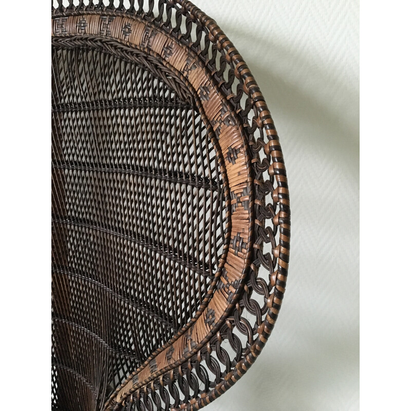 Emmanuelle or Peacock vintage brown wicker armchair - 1970s