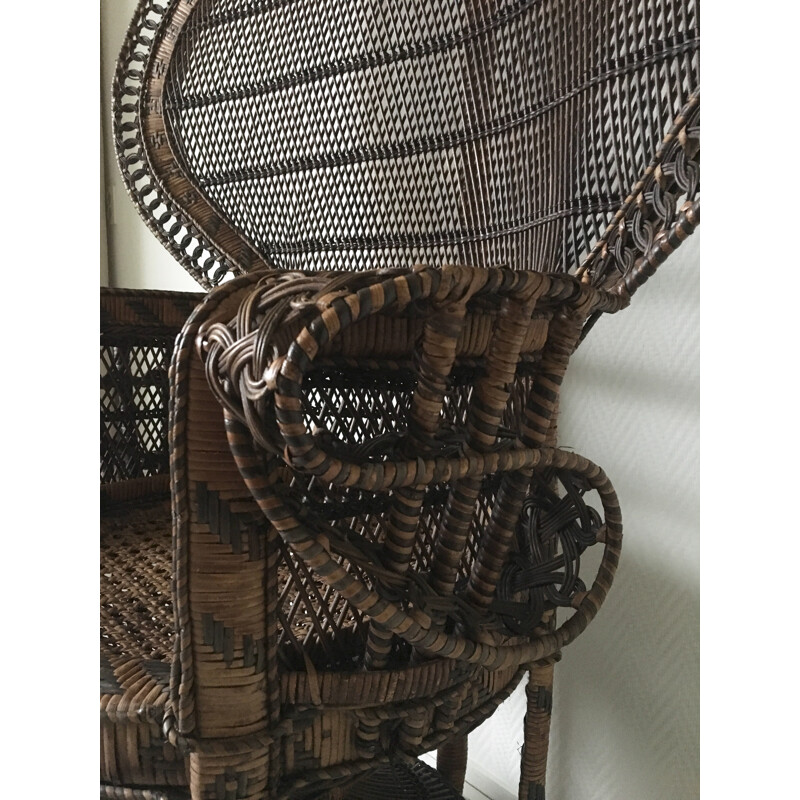 Emmanuelle or Peacock vintage brown wicker armchair - 1970s