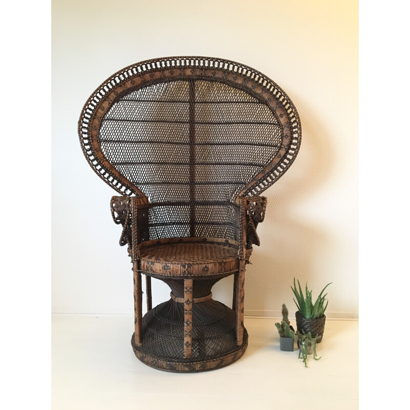 Emmanuelle or Peacock vintage brown wicker armchair - 1970s