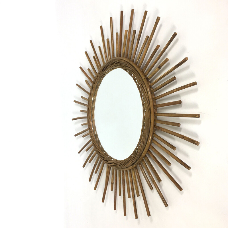 Vintage rattan sun mirror - 1960s