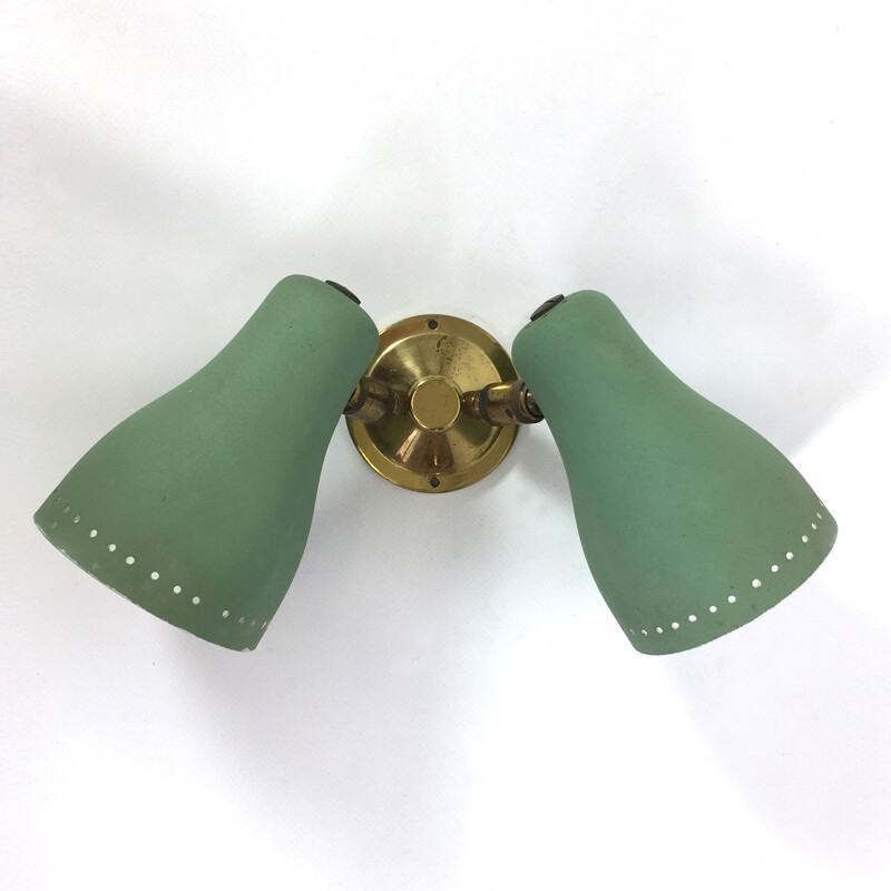 Green vintage double wall lamp, France - 1960s
