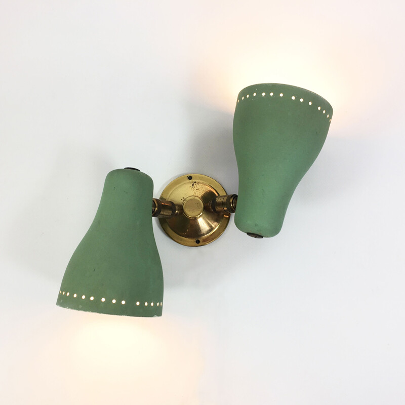 Green vintage double wall lamp, France - 1960s