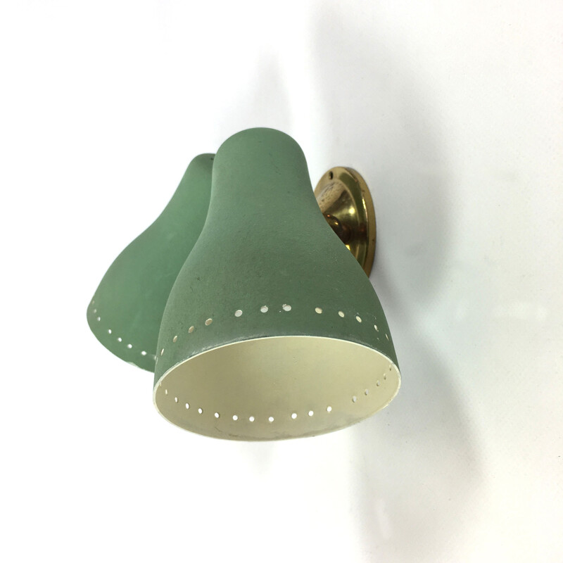 Green vintage double wall lamp, France - 1960s