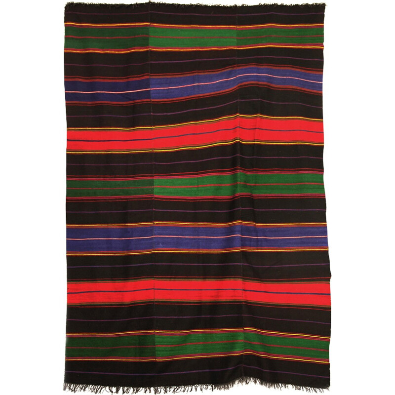 Large rug in tricolor and black wood, handemade - 1950s