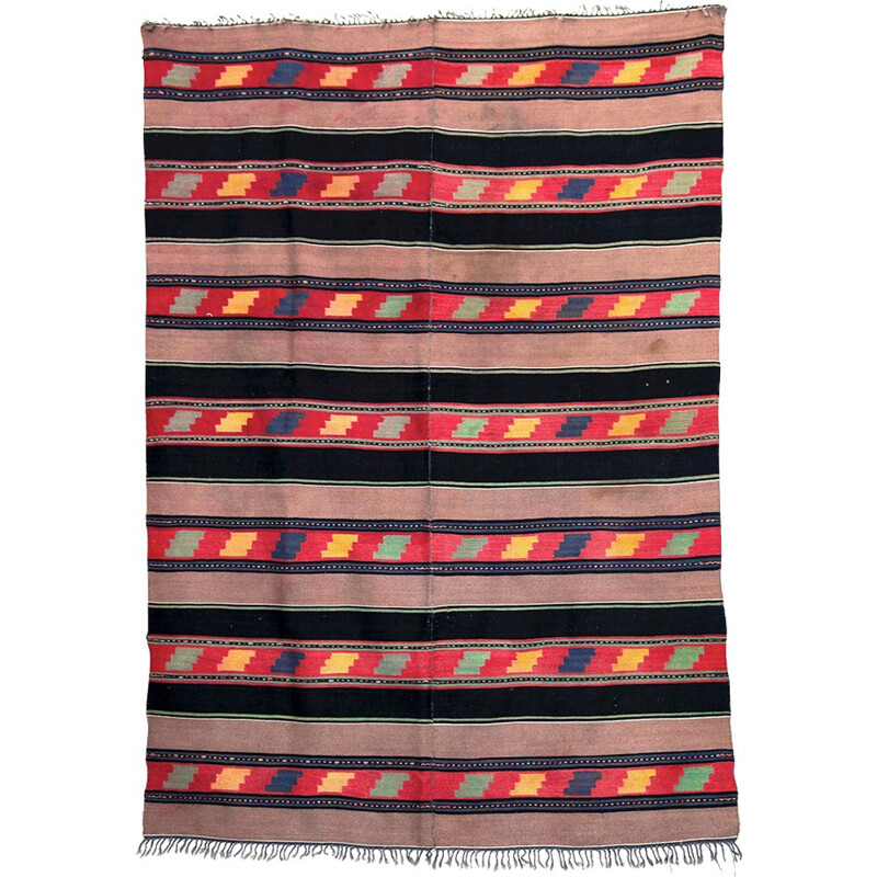 Vintage handmade rug with stripes and geometric patterns, Greece 1950