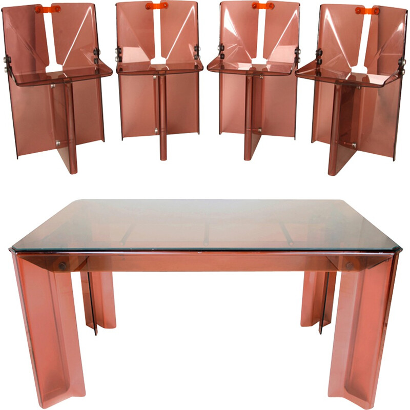 Unique Smoked Perspex Dining Table & Chairs by Michel Ducaroy - 1970s