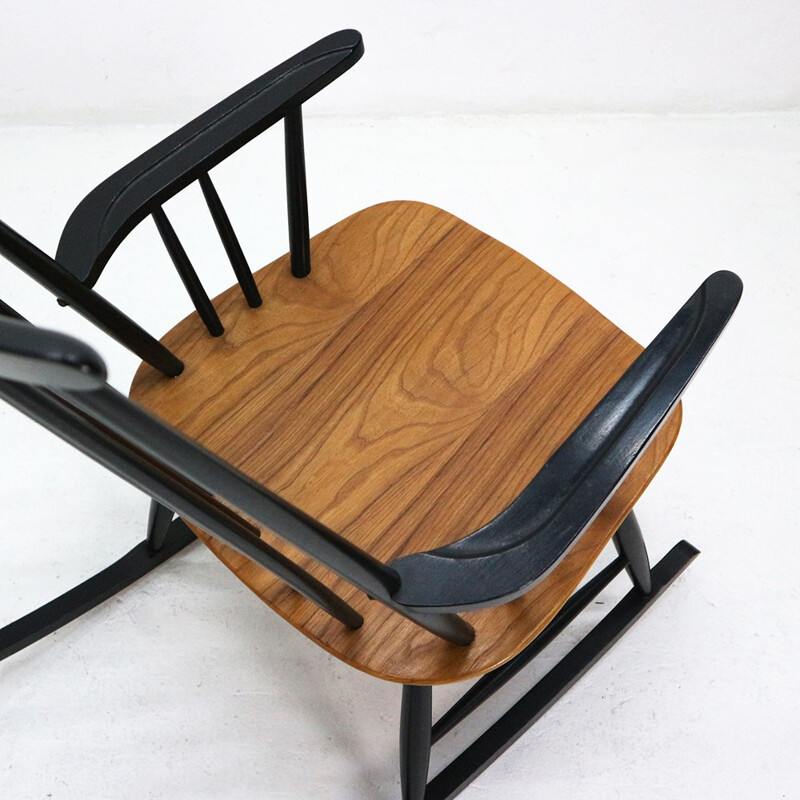 Chaise à bascule vintage en noyer et en bois noir - 1960