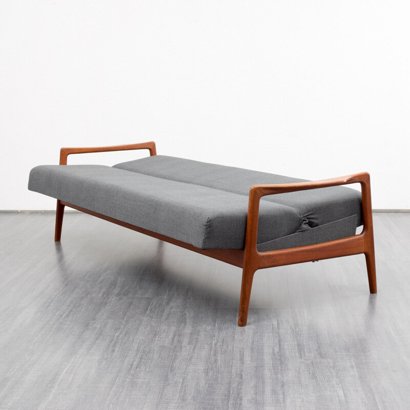 Scandinavian grey 3 seater sofa bed in teak - 1960s