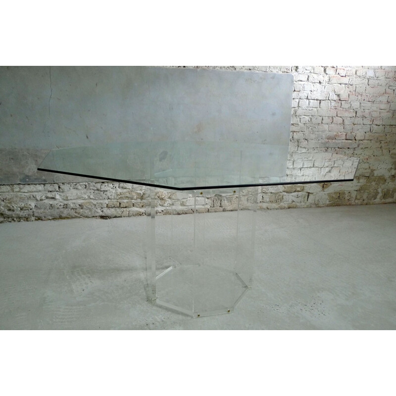 Table vintage en verre & plexiglas Marais International - 1990