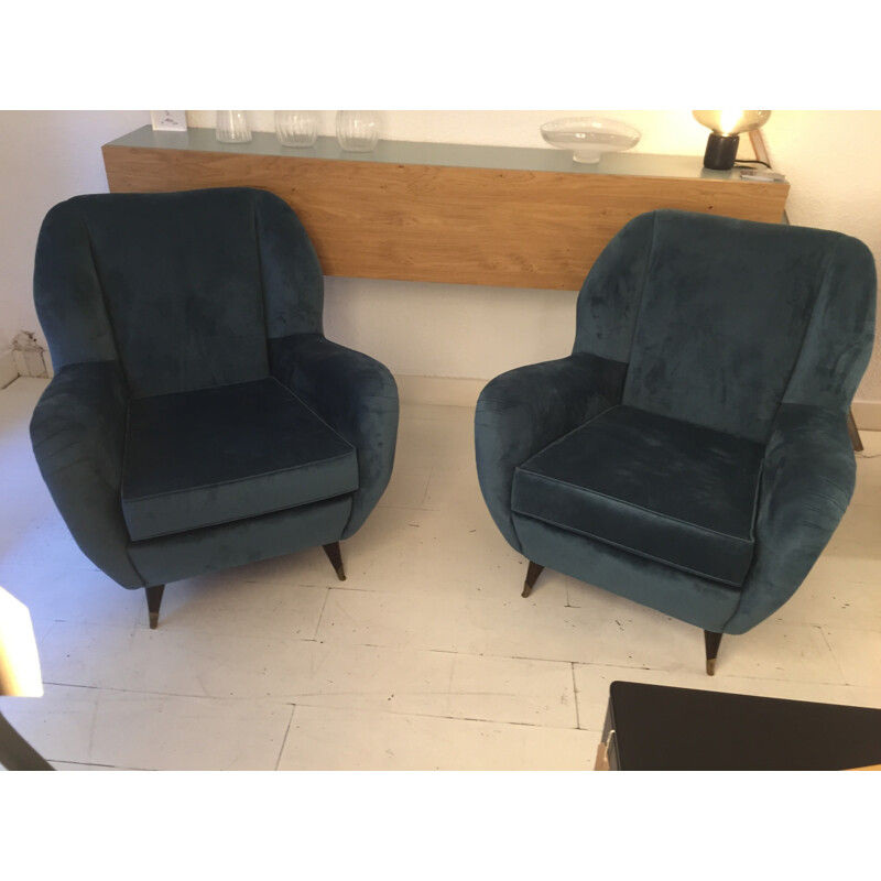 Pair of vintage Italian dark blue armchairs - 1950s