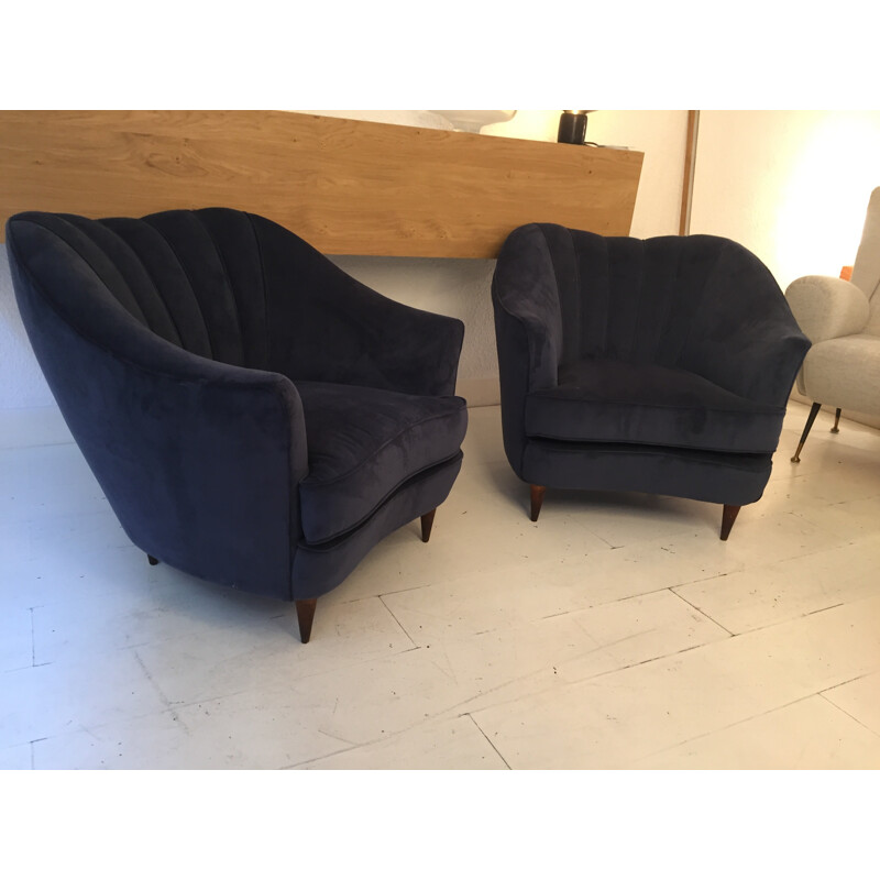 Pair of Italian vintage night blue armchairs - 1950s