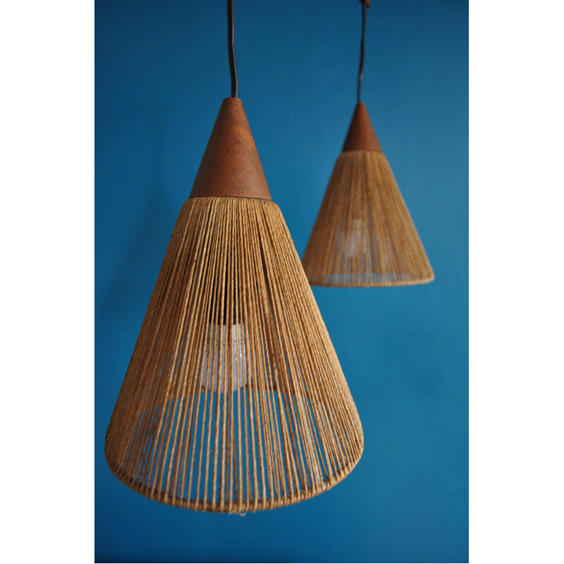 Vintage Scandinavian teak hanging lamp - 1960s