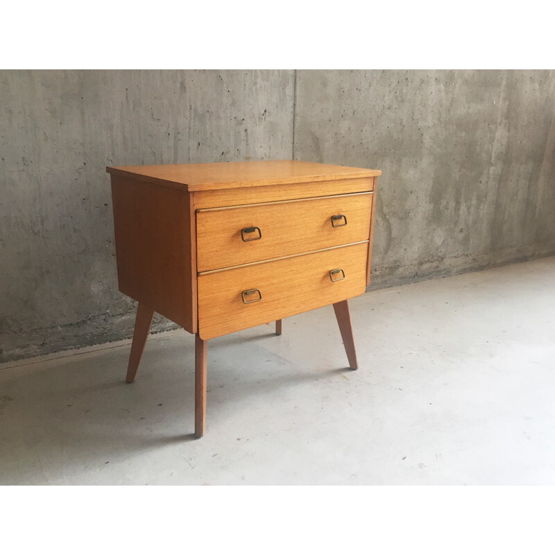 Belgian vintage beech chest of drawers with brass handles - 1960s