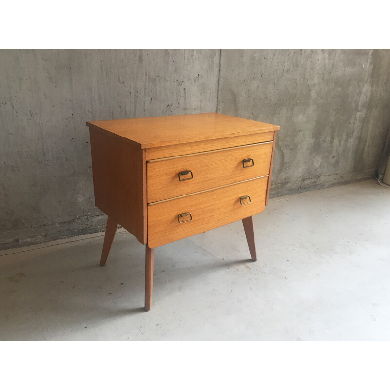 Belgian vintage beech chest of drawers with brass handles - 1960s