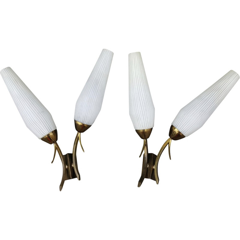 Pair of double vinage bronze and opaline wall lamps, Arlus - 1960s