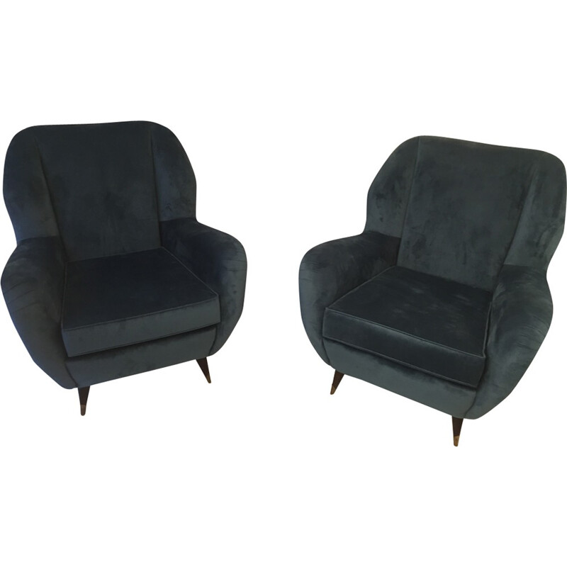 Pair of vintage Italian dark blue armchairs - 1950s