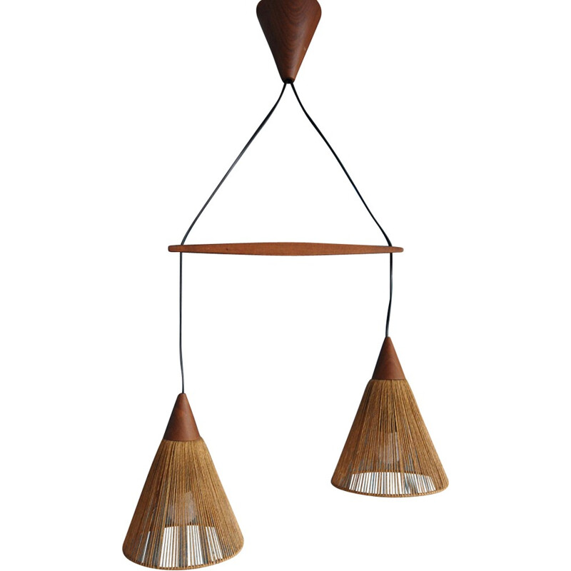 Vintage Scandinavian teak hanging lamp - 1960s