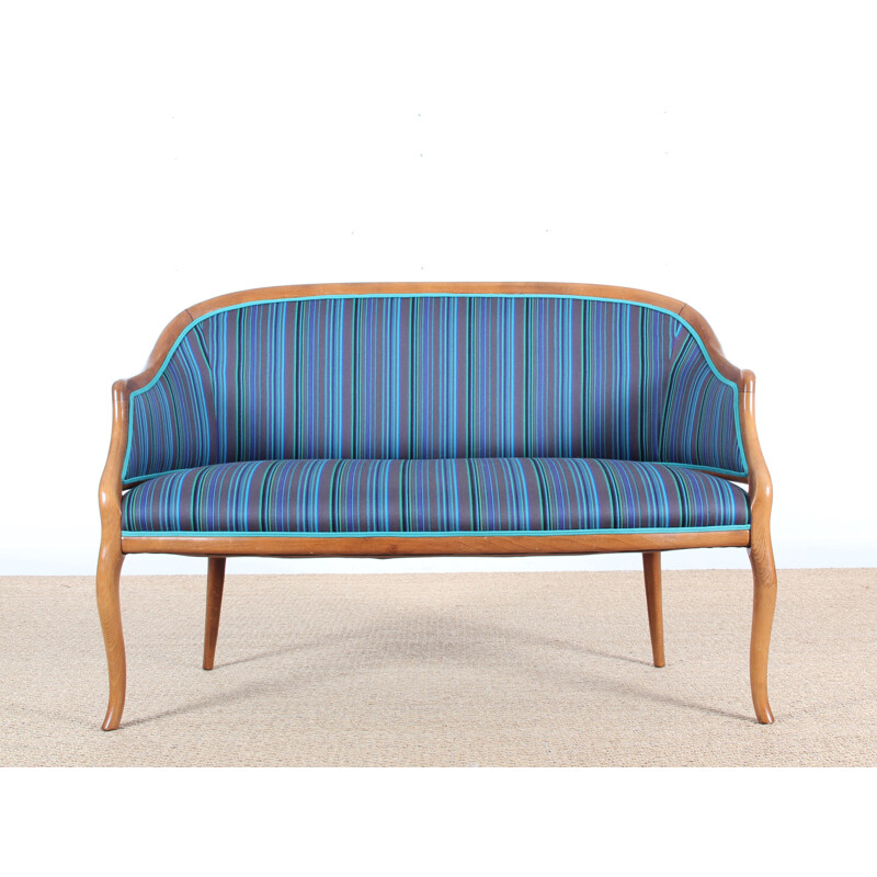 Danish blue bench seat with frame in mahogany  - 1940s