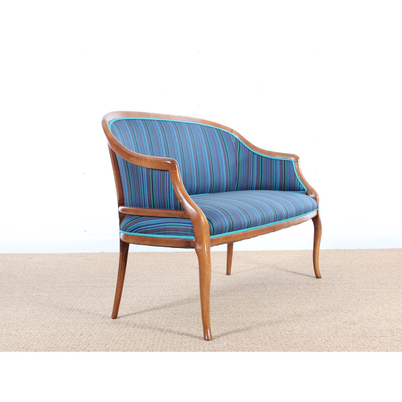 Danish blue bench seat with frame in mahogany  - 1940s