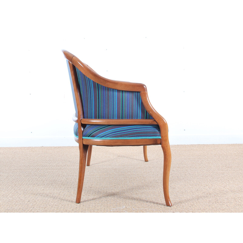 Danish blue bench seat with frame in mahogany  - 1940s