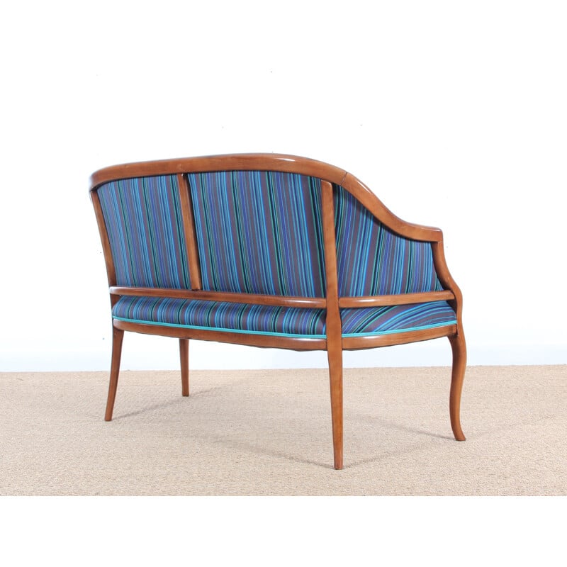 Danish blue bench seat with frame in mahogany  - 1940s