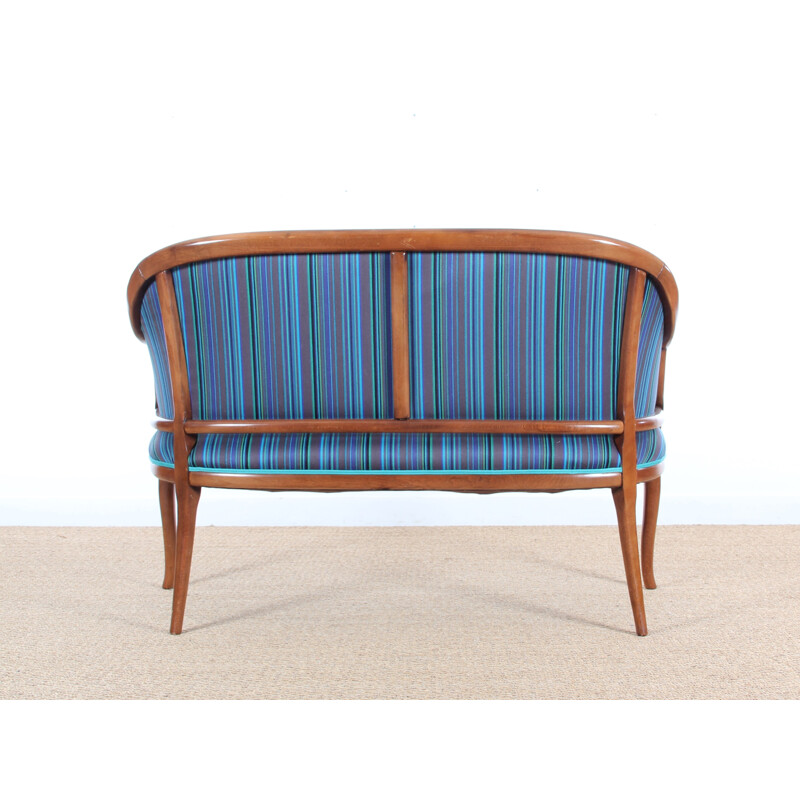 Danish blue bench seat with frame in mahogany  - 1940s