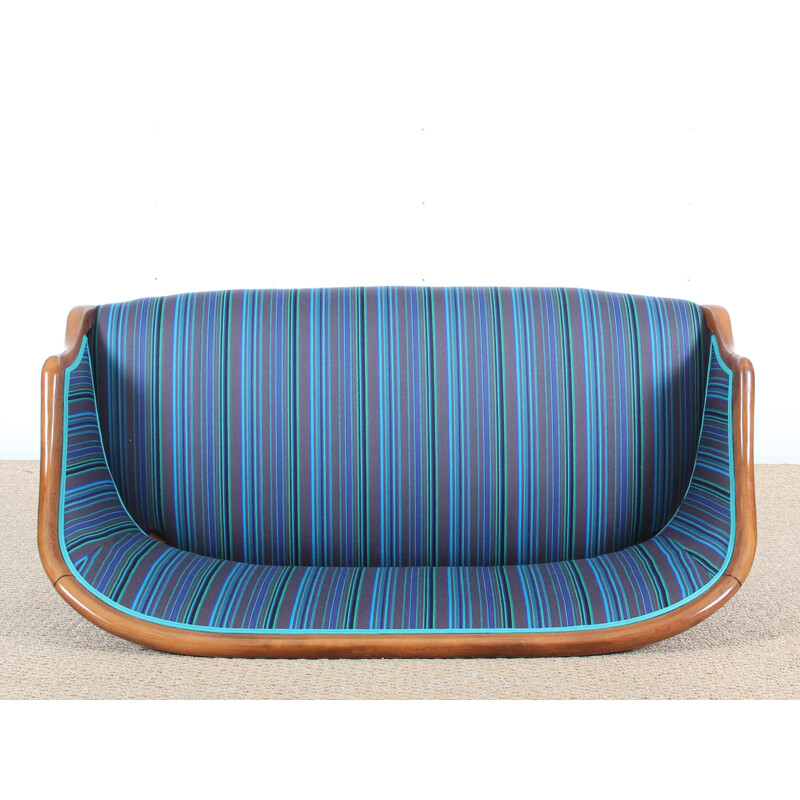 Danish blue bench seat with frame in mahogany  - 1940s