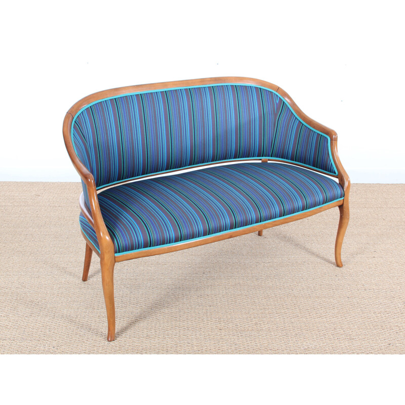 Danish blue bench seat with frame in mahogany  - 1940s