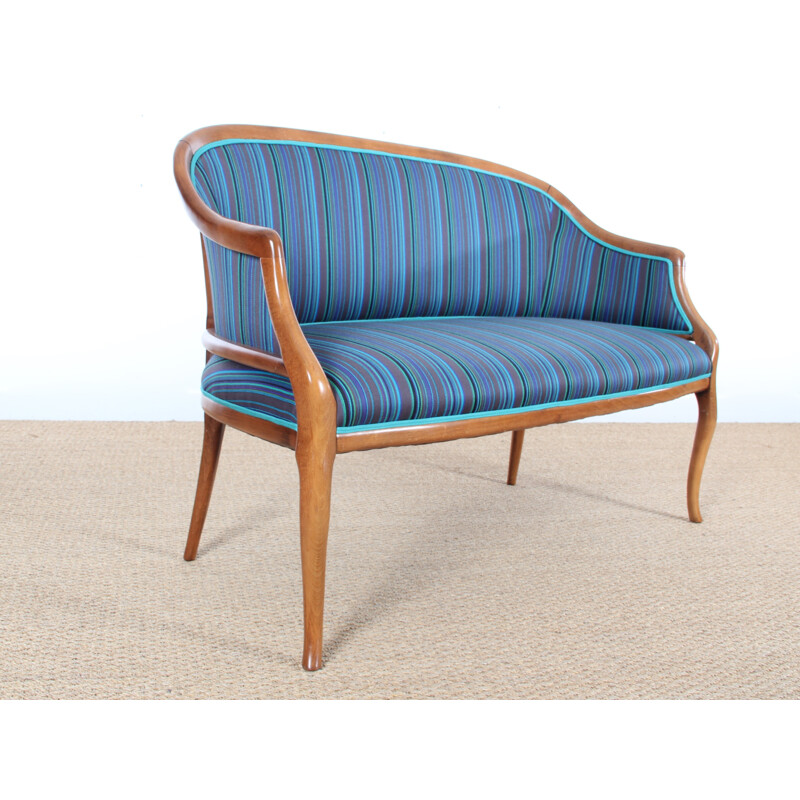 Danish blue bench seat with frame in mahogany  - 1940s