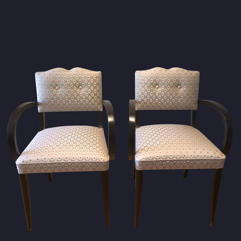 Pair of vintage renovated armchairs in wood and beige fabric - 1950s