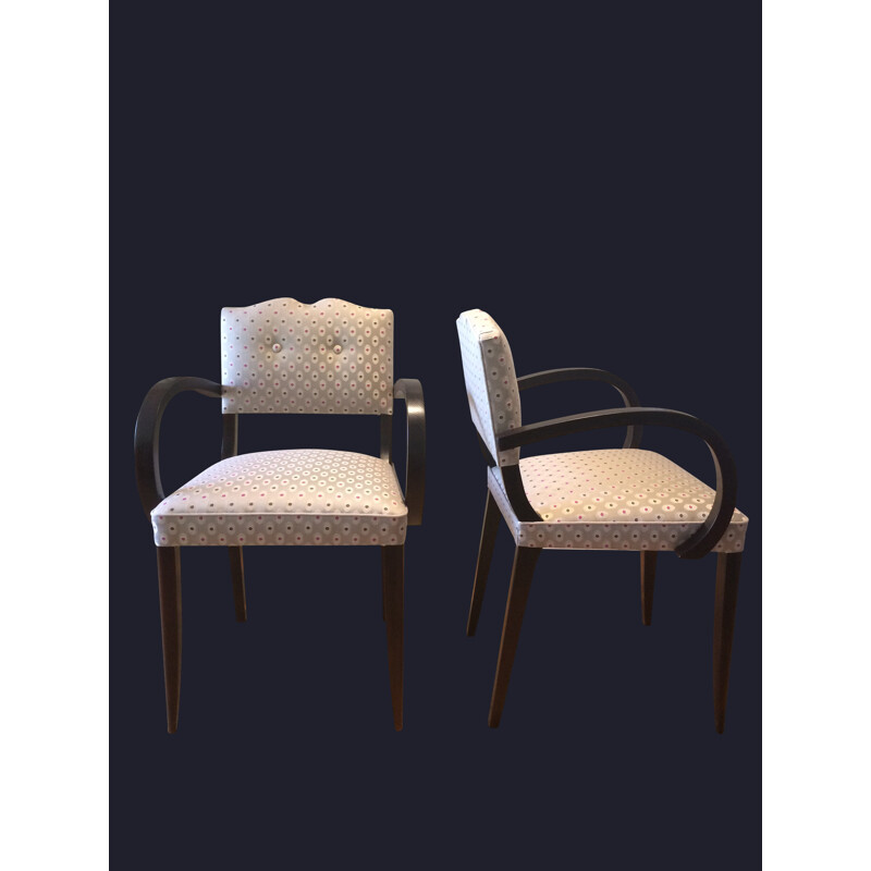 Pair of vintage renovated armchairs in wood and beige fabric - 1950s