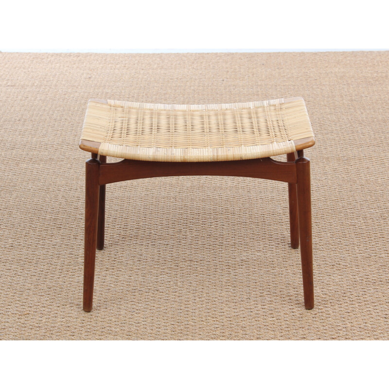 Tabouret scandinave en teck et cannage - 1960