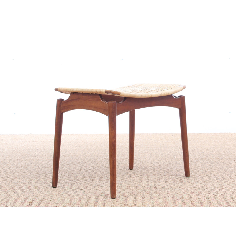 Tabouret scandinave en teck et cannage - 1960