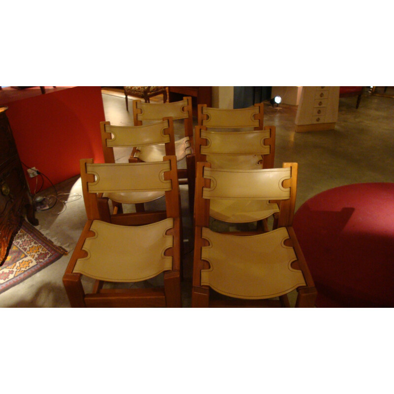 Set of 6 vintage leather and elm chairs - 1970s