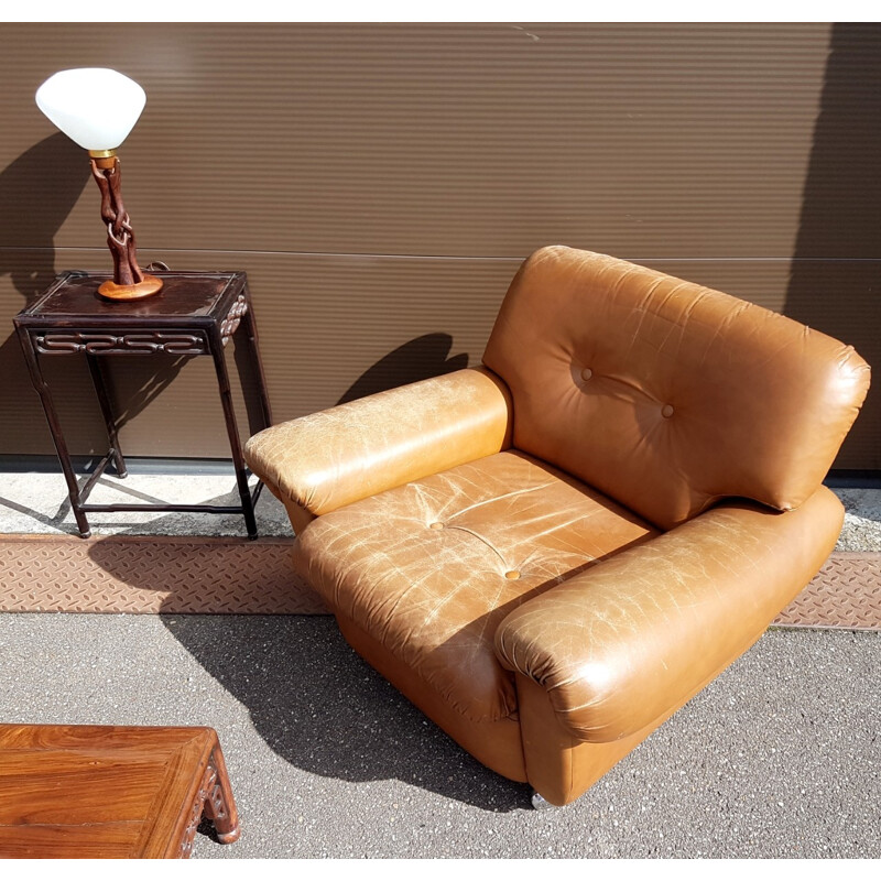 Paire de 2 fauteuils vintage en cuir marron - 1960