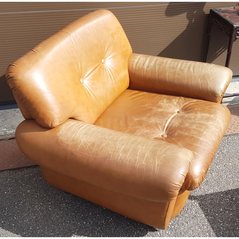 Paire de 2 fauteuils vintage en cuir marron - 1960