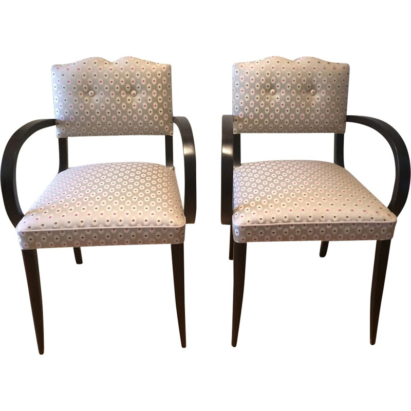 Pair of vintage renovated armchairs in wood and beige fabric - 1950s