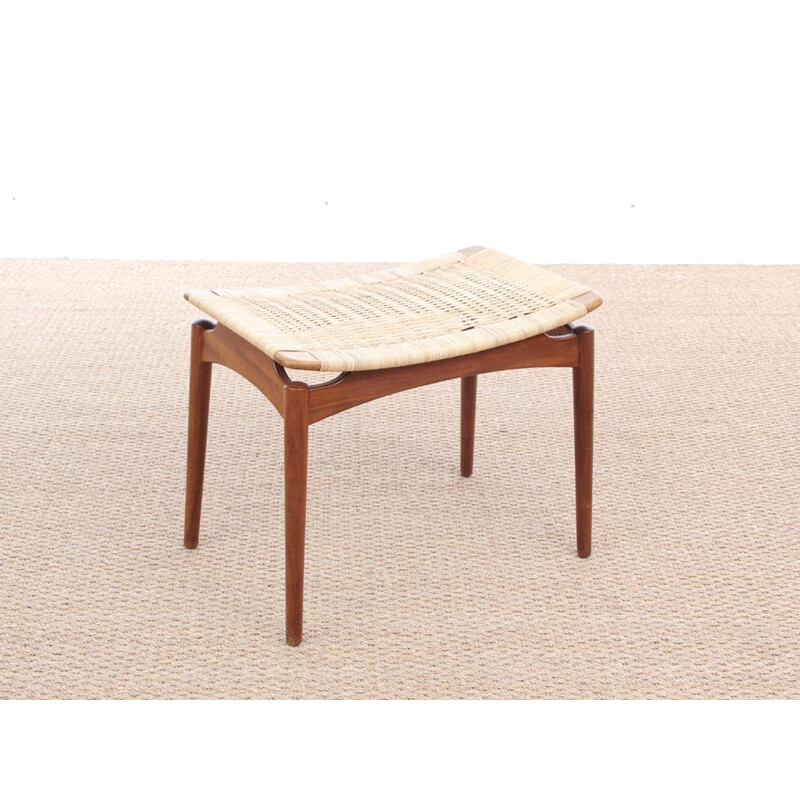 Tabouret scandinave en teck et cannage - 1960