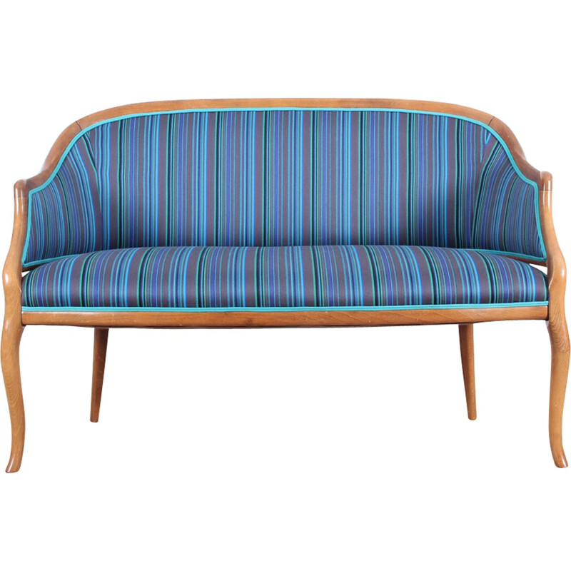 Danish blue bench seat with frame in mahogany  - 1940s