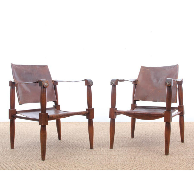 Pair of vintage leather and beech wood Safari chairs - 1940s