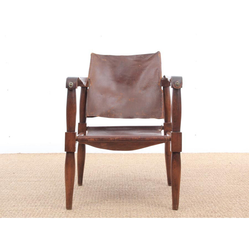 Pair of vintage leather and beech wood Safari chairs - 1940s