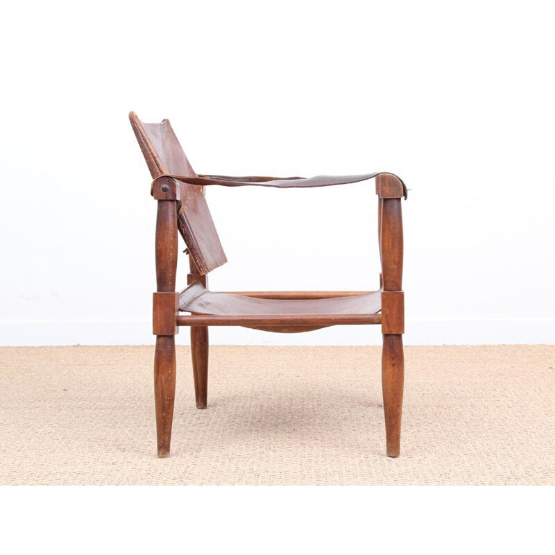 Pair of vintage leather and beech wood Safari chairs - 1940s