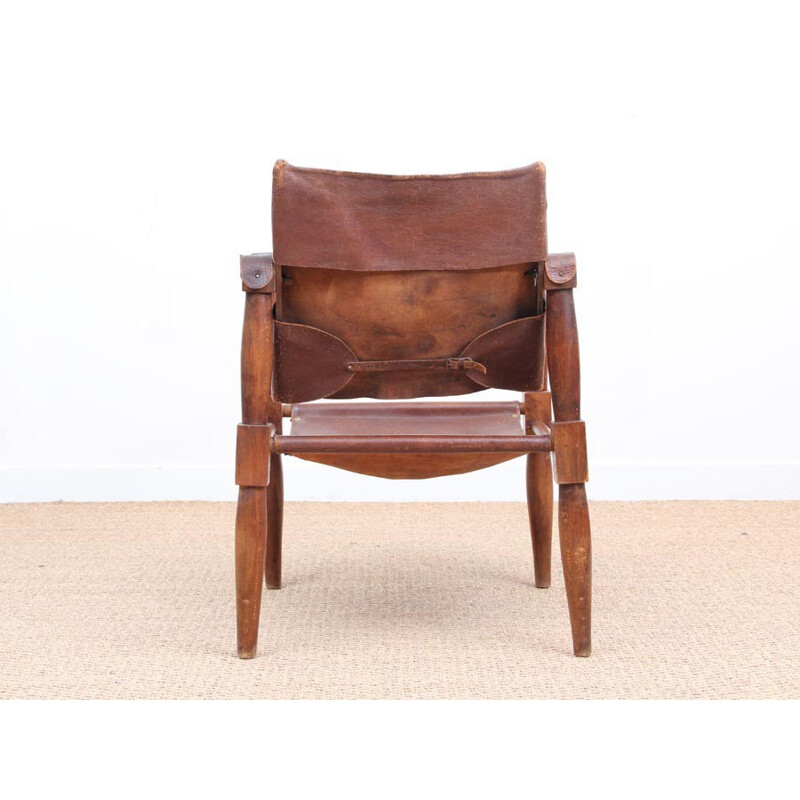 Pair of vintage leather and beech wood Safari chairs - 1940s