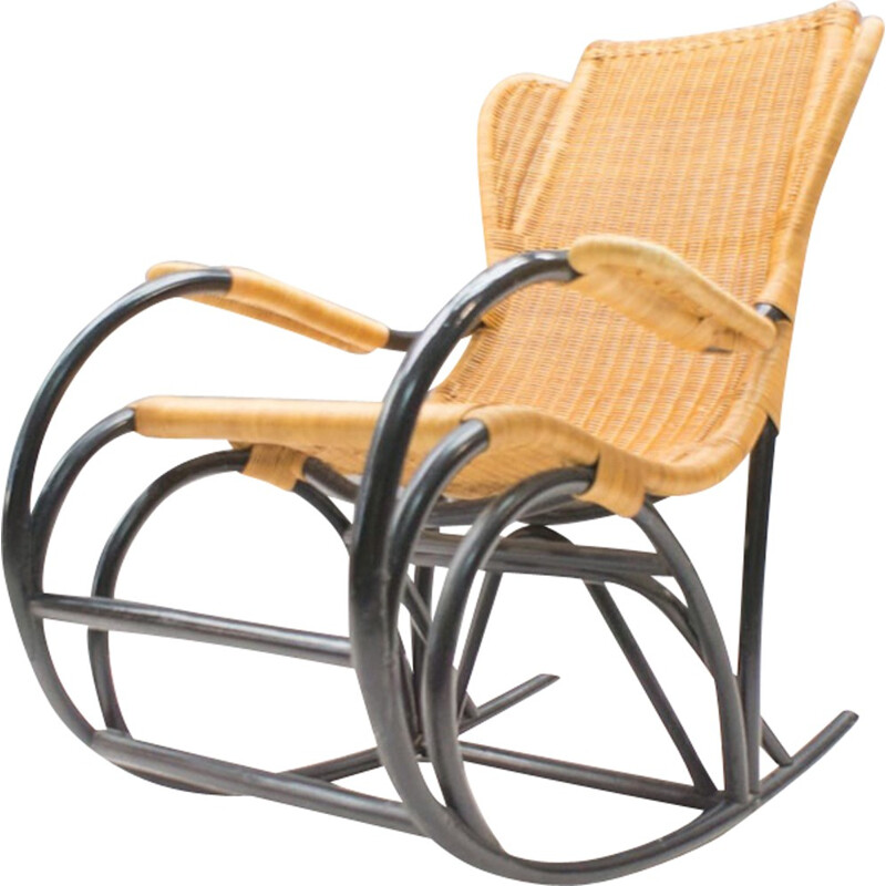 Chaise à bascule vintage en rotin - 1970