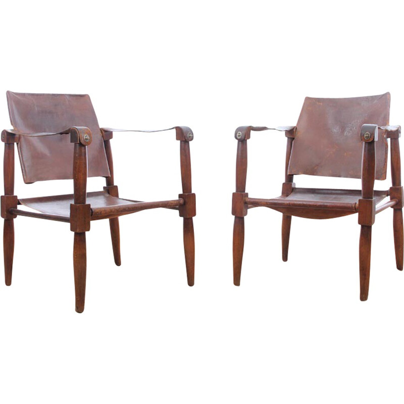 Pair of vintage leather and beech wood Safari chairs - 1940s