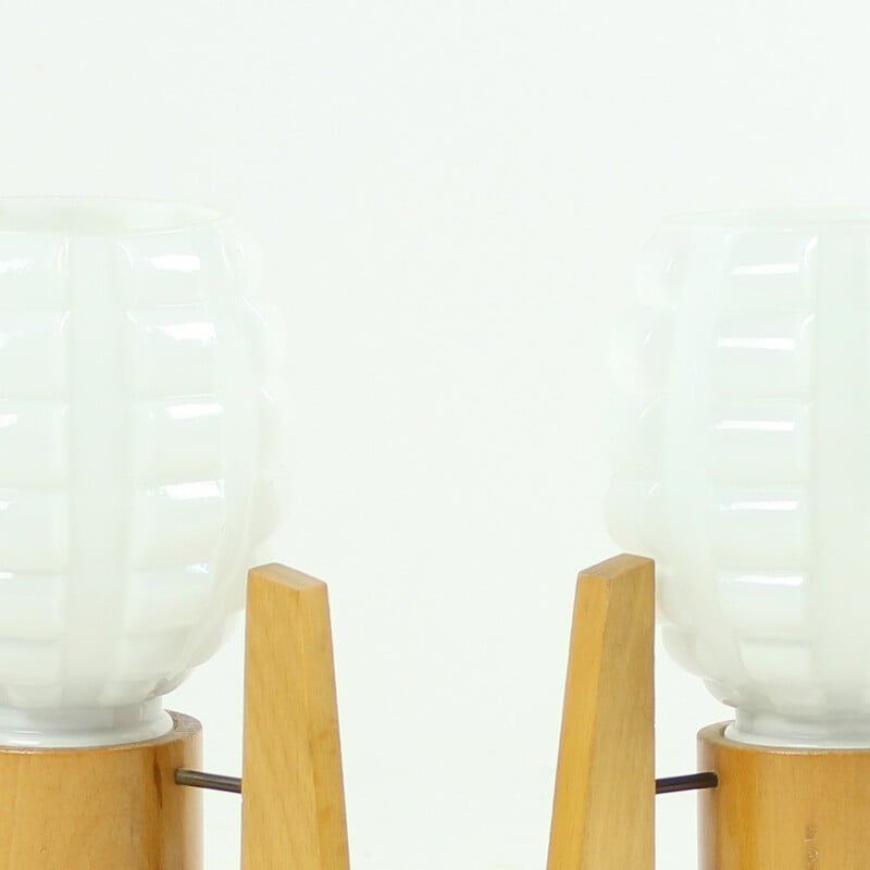 Set of 2 Vintage White glass & wood Lamps by Drevo Humpolec - 1960s