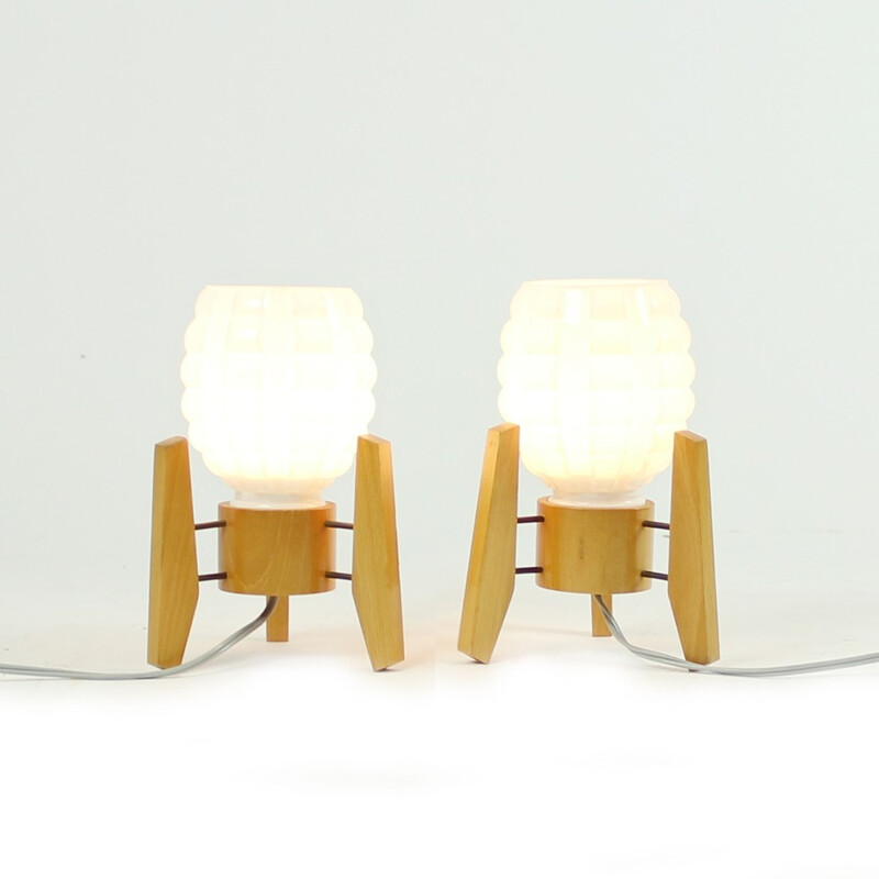 Set of 2 Vintage White glass & wood Lamps by Drevo Humpolec - 1960s