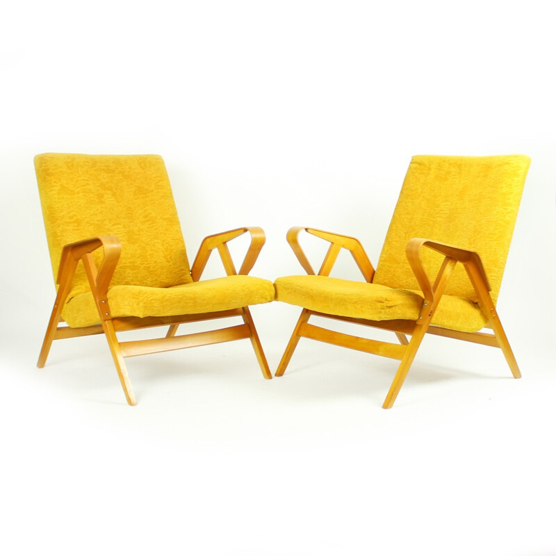 Vintage yellow armchair in beechwood by Tatra - 1960s